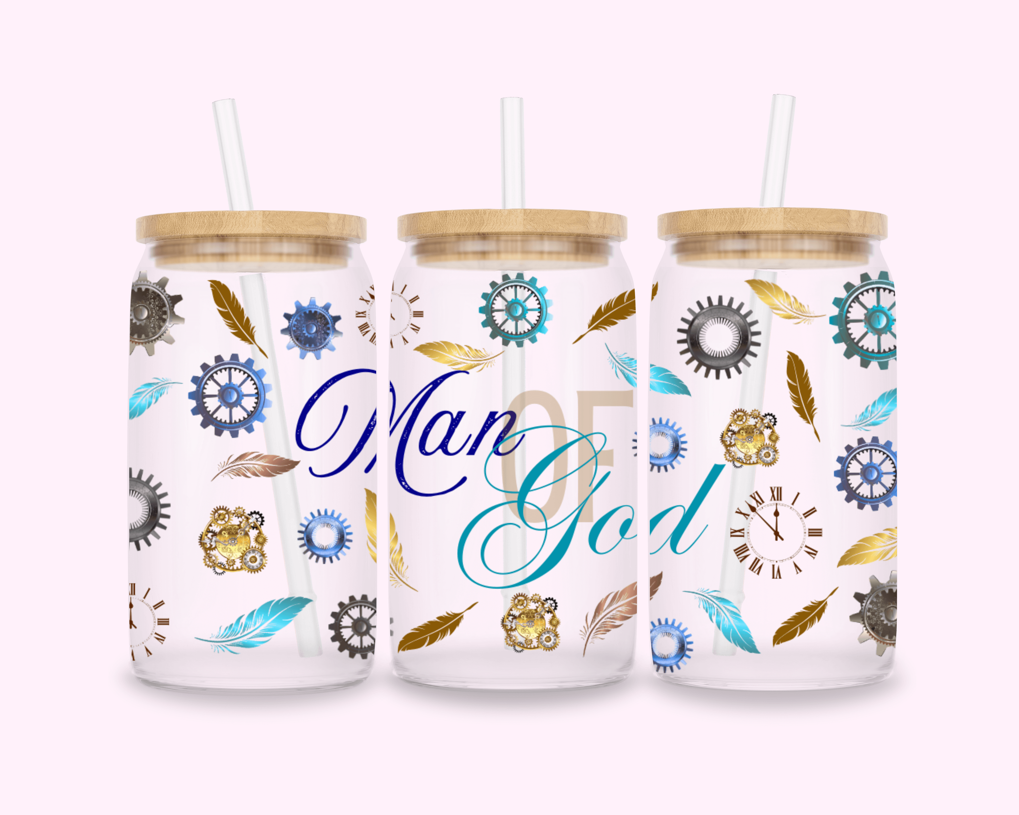 Man Of God - Glass Cup With Bamboo Lid 16oz featuring vibrant printed designs, perfect for adding personality to your beverages.