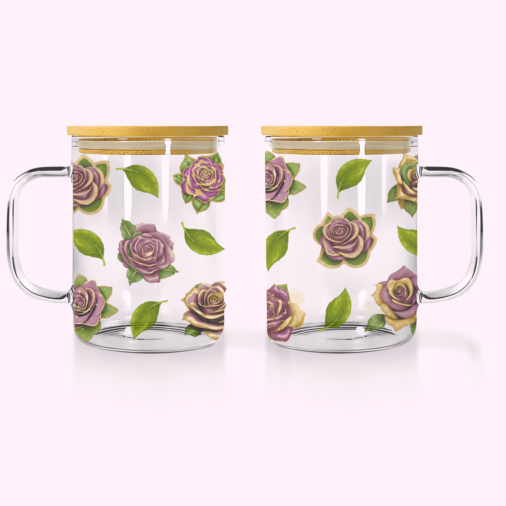 Rose Gold - 17oz Glass Mug With Bamboo Lid featuring unique artwork, perfect for personal style and expression.