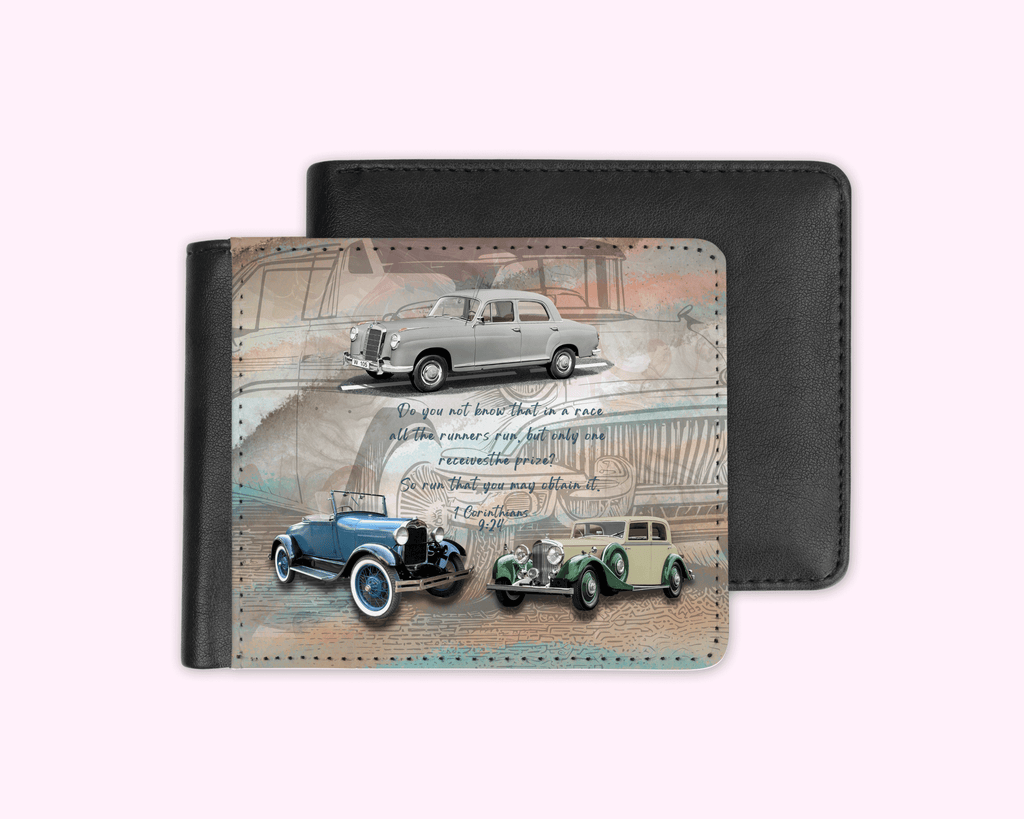 Men's wallet with double-sided printing, made of smooth PU leather, featuring a compact and functional design with multiple pockets.
