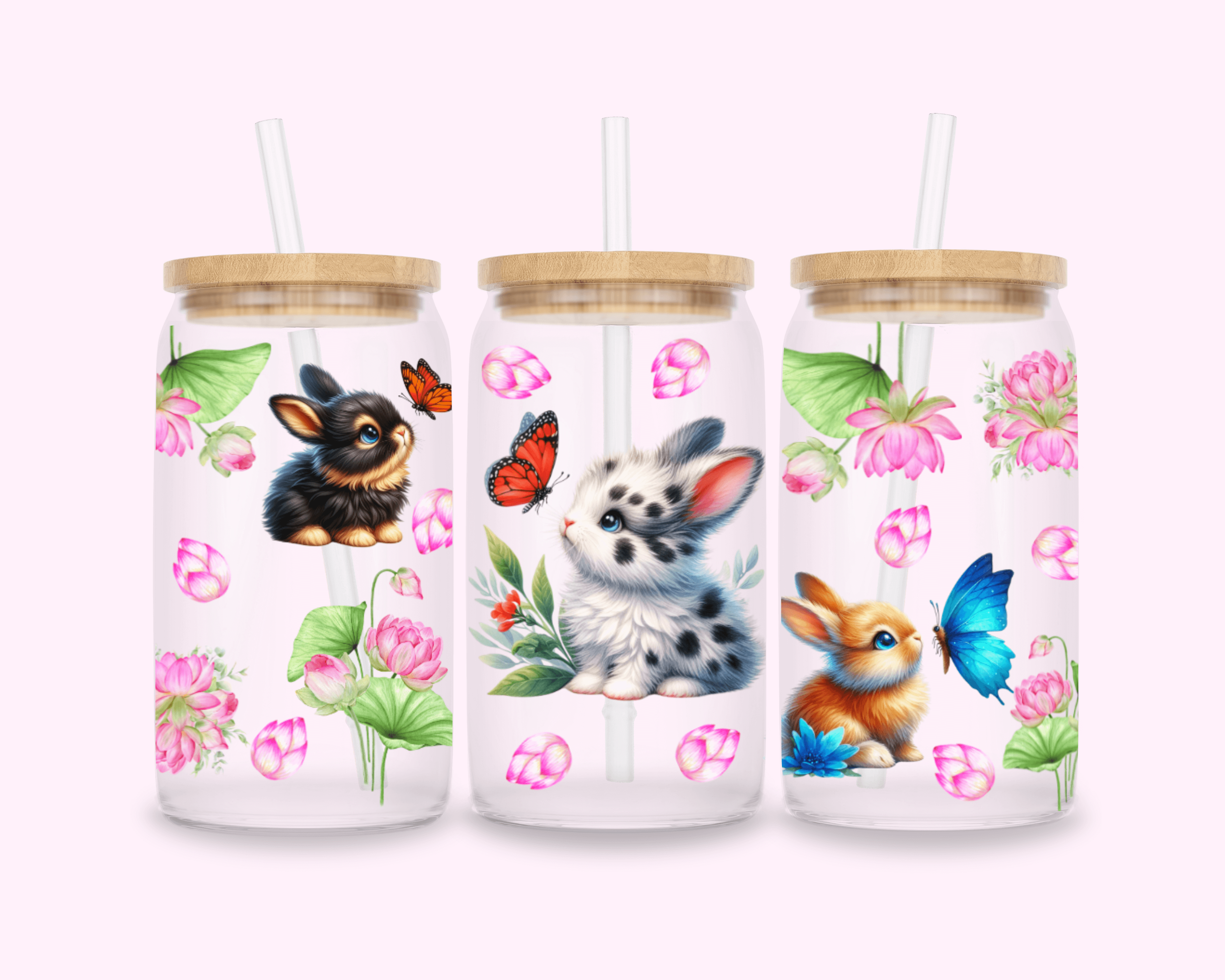 Spring Bunnies - Glass Cup With Bamboo Lid 16oz featuring unique artwork, perfect for personal style and expression.