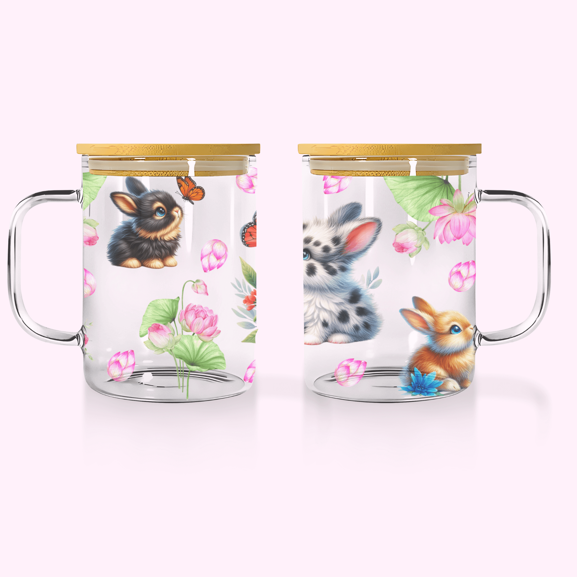 Spring Bunnies - 17oz Glass Mug With Bamboo Lid featuring unique artwork, perfect for personal style and expression.