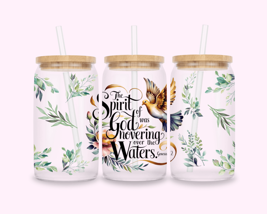The Spirit Over The Waters - Glass Cup With Bamboo Lid 16oz featuring unique artwork, perfect for personal style and expression.