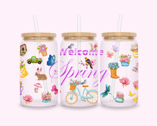 Pink Spring Flower - Glass Cup With Bamboo Lid 16oz featuring unique artwork, perfect for personal style and expression.
