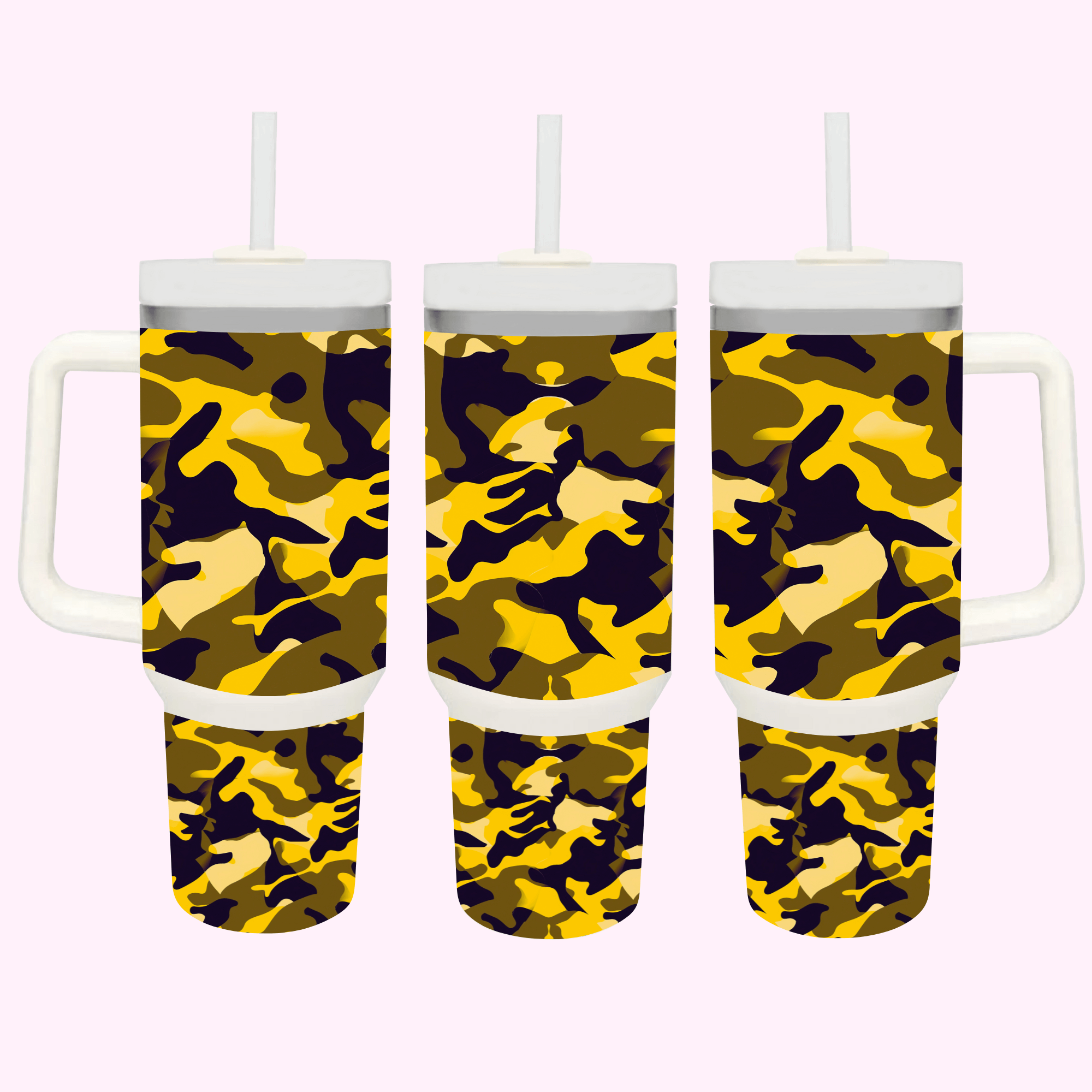 Yellow Camouflage 40oz Tumbler featuring a blend of tones and patterns, perfect for outdoor and military-inspired style.